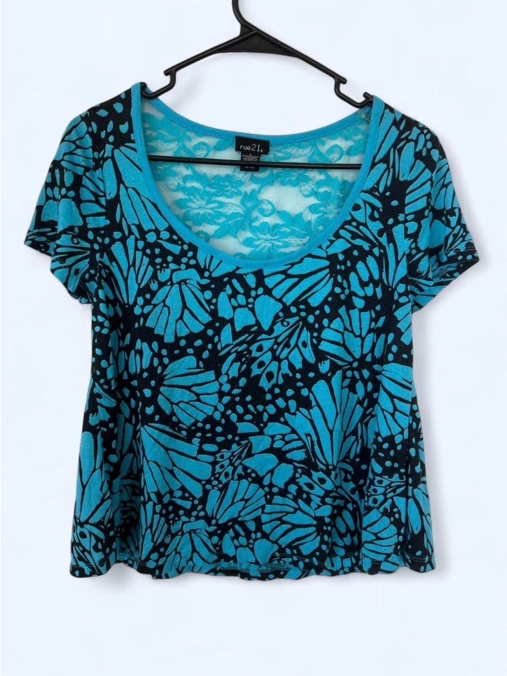Rue 21 Women's Teal and Black Scoop Neck Tee size large butterfly design sheer